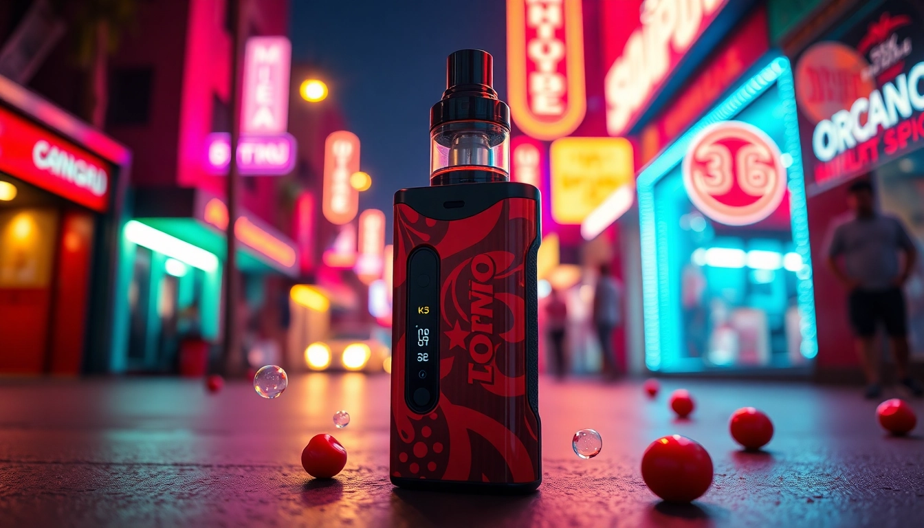 Showcase a tornado 15k cherry cola vape device with vibrant lighting and festive atmosphere.