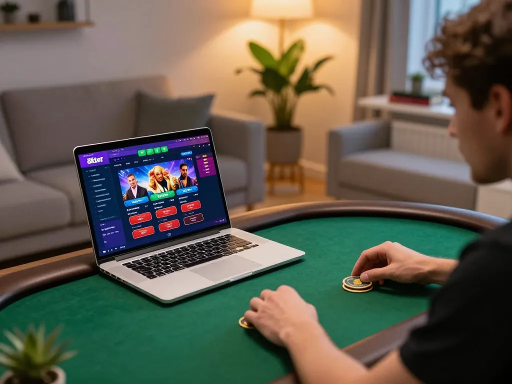 Engaged player enjoying poker gameplay on 8xbet site from a cozy home setup