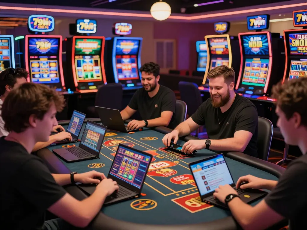 Players engaging with 79win's online games in a vibrant casino setting, showcasing excitement and camaraderie.