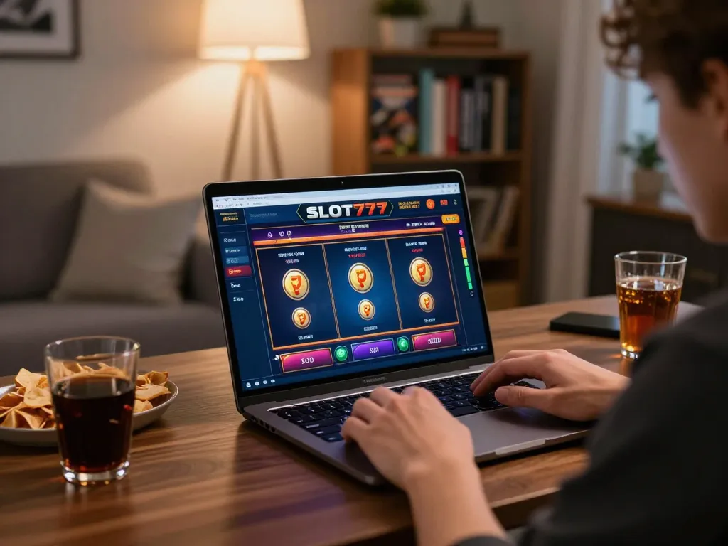 Engaging with slot777 online casino game on a sleek laptop in a cozy living room setting