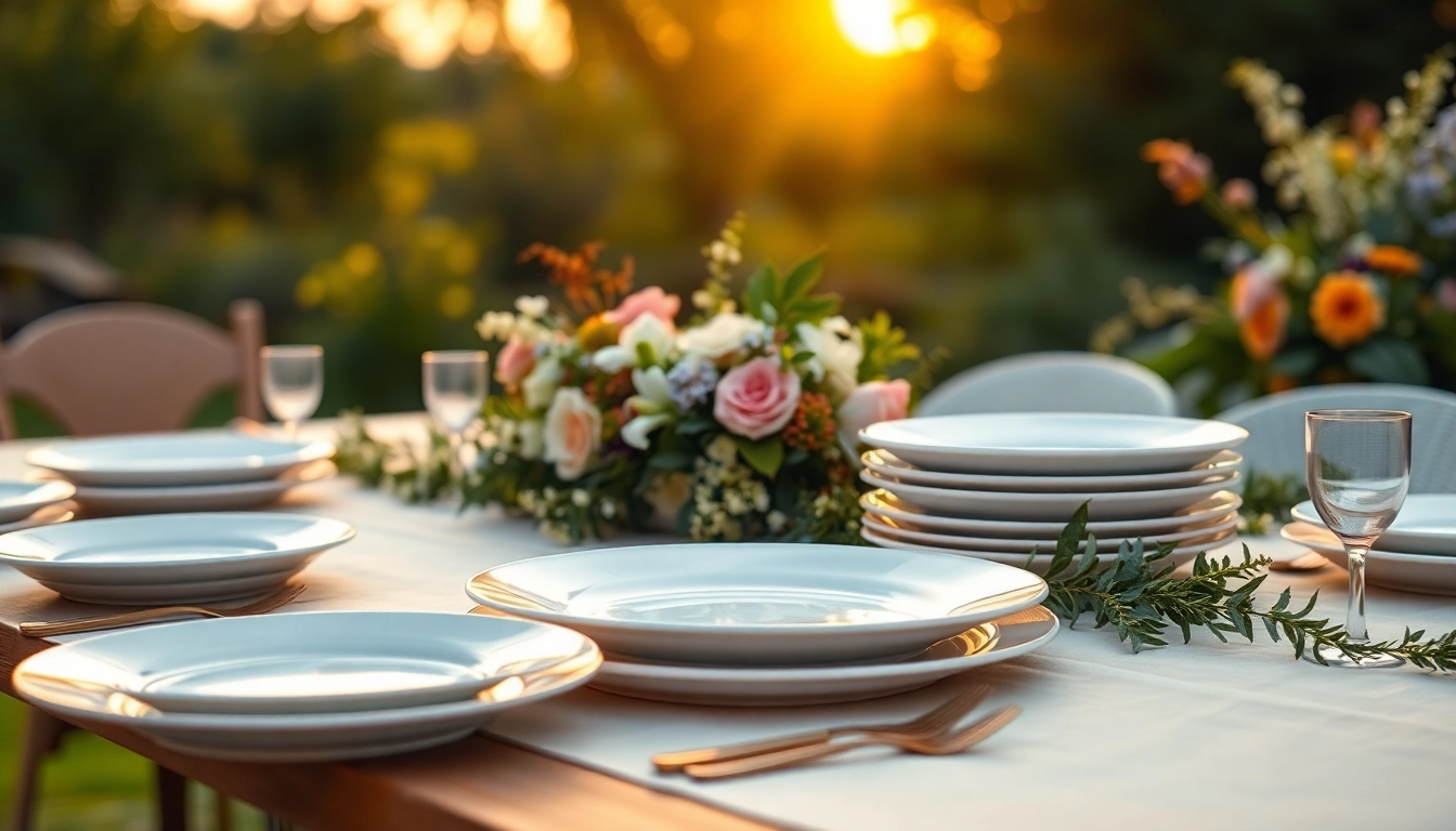 Showcase of compostable wedding plates amidst a stylish outdoor wedding setting.