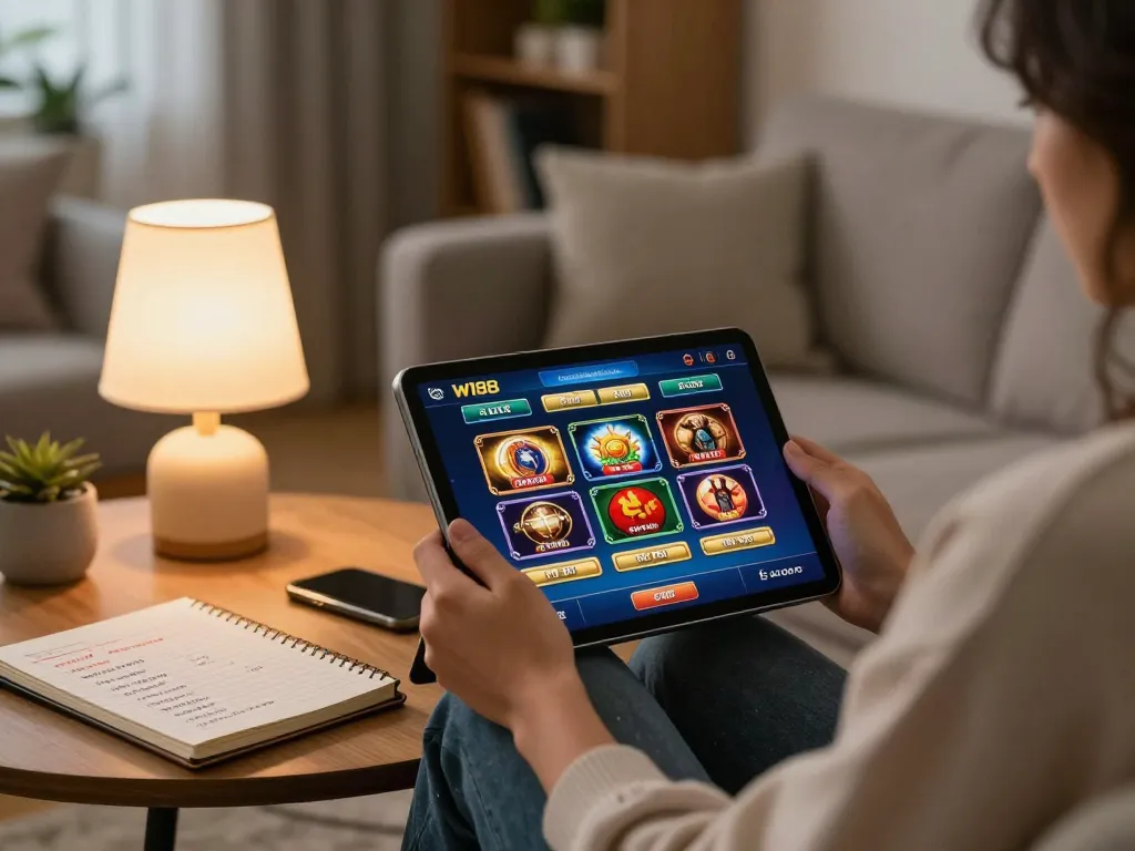 Play online casino games at W188 using a tablet in a cozy living room setting.