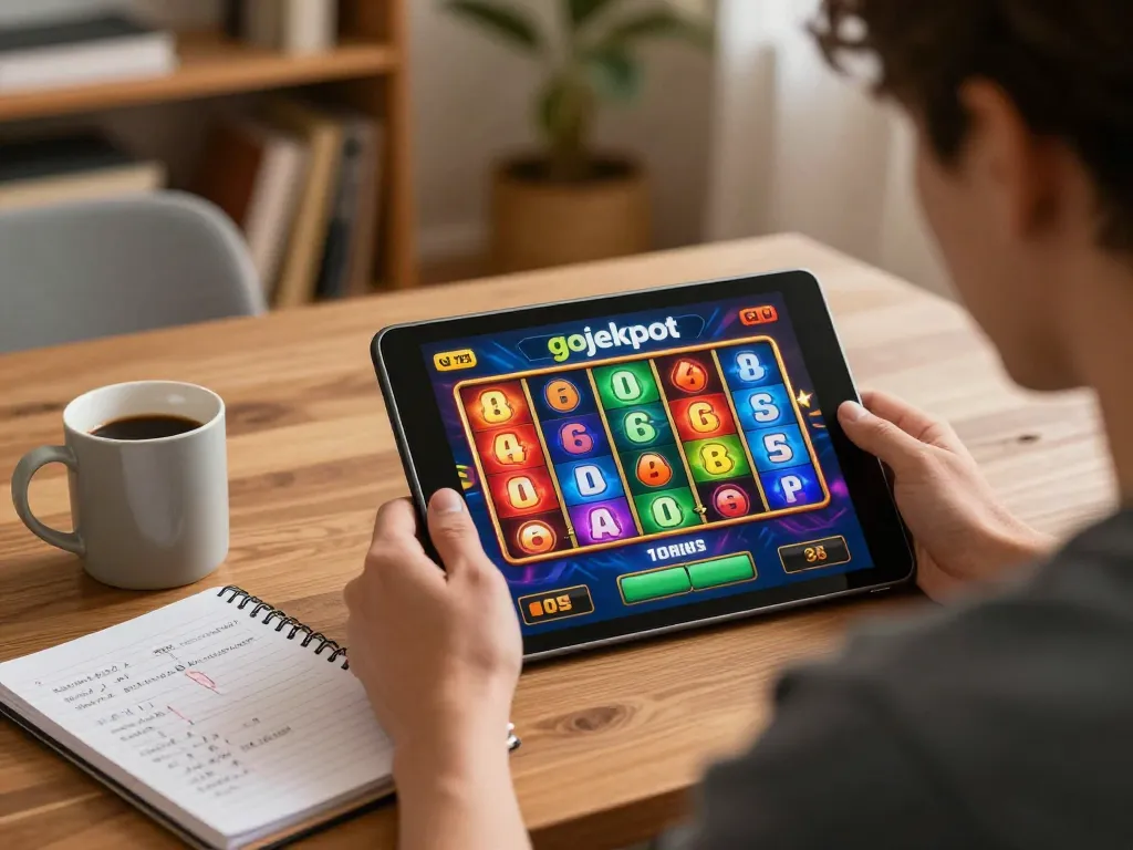 Experience gojekpot excitement with vibrant slot reels spinning during home play.