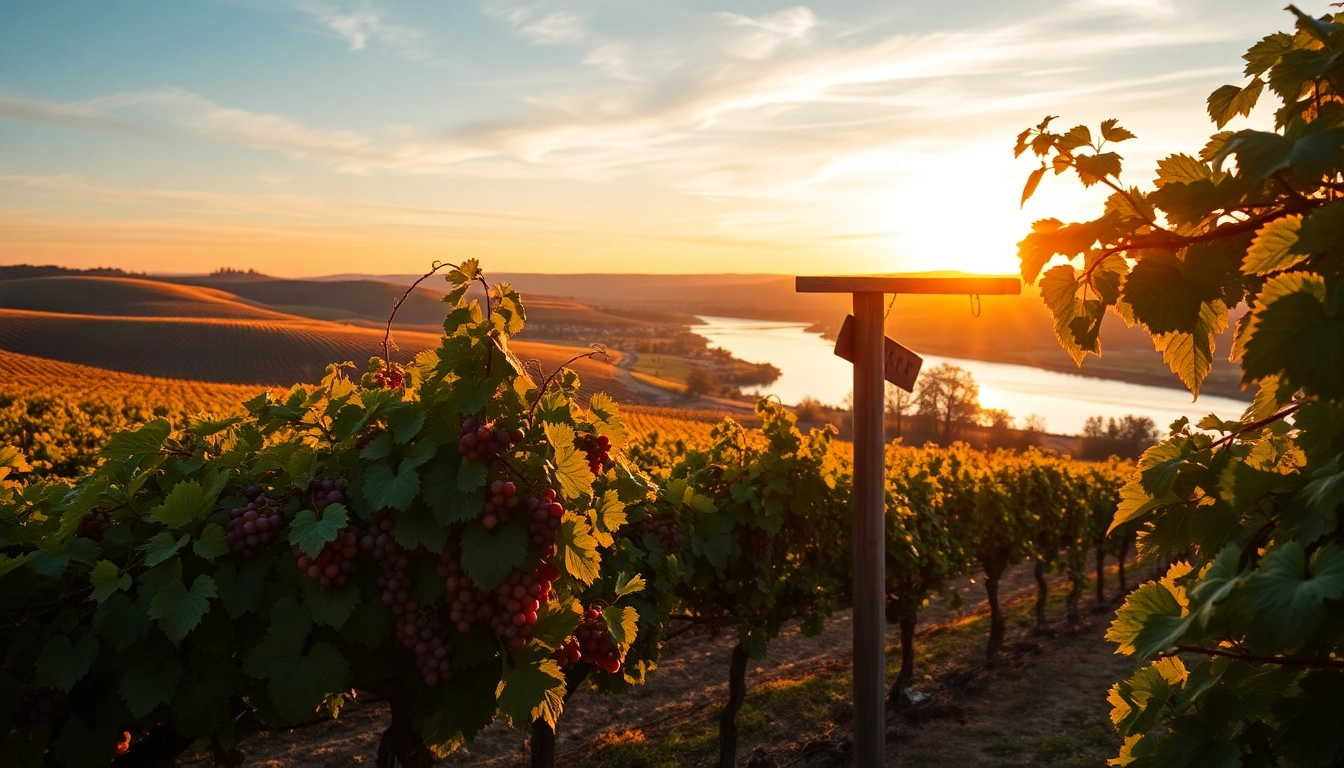 Experience the serene beauty of Clarksburg wineries with rolling vineyards under a sunset.