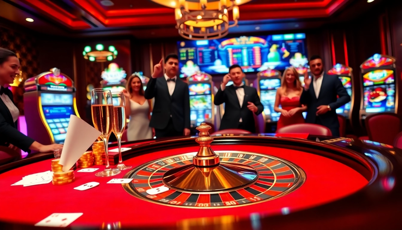 Experience the excitement at https://luckywin.fan/ with an elegant casino scene featuring roulette, glamorous players, and vibrant atmosphere.