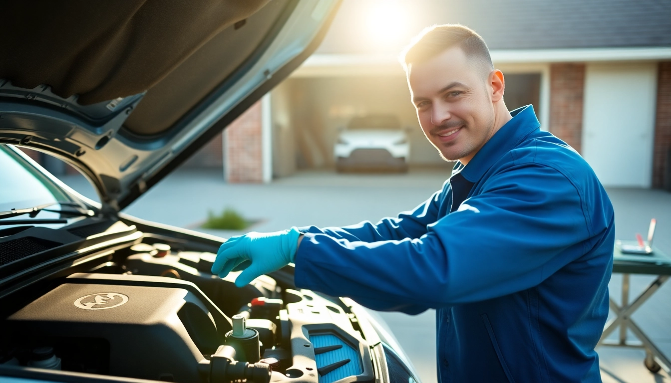 Mobile car repair technician fixing a car engine in a residential driveway.