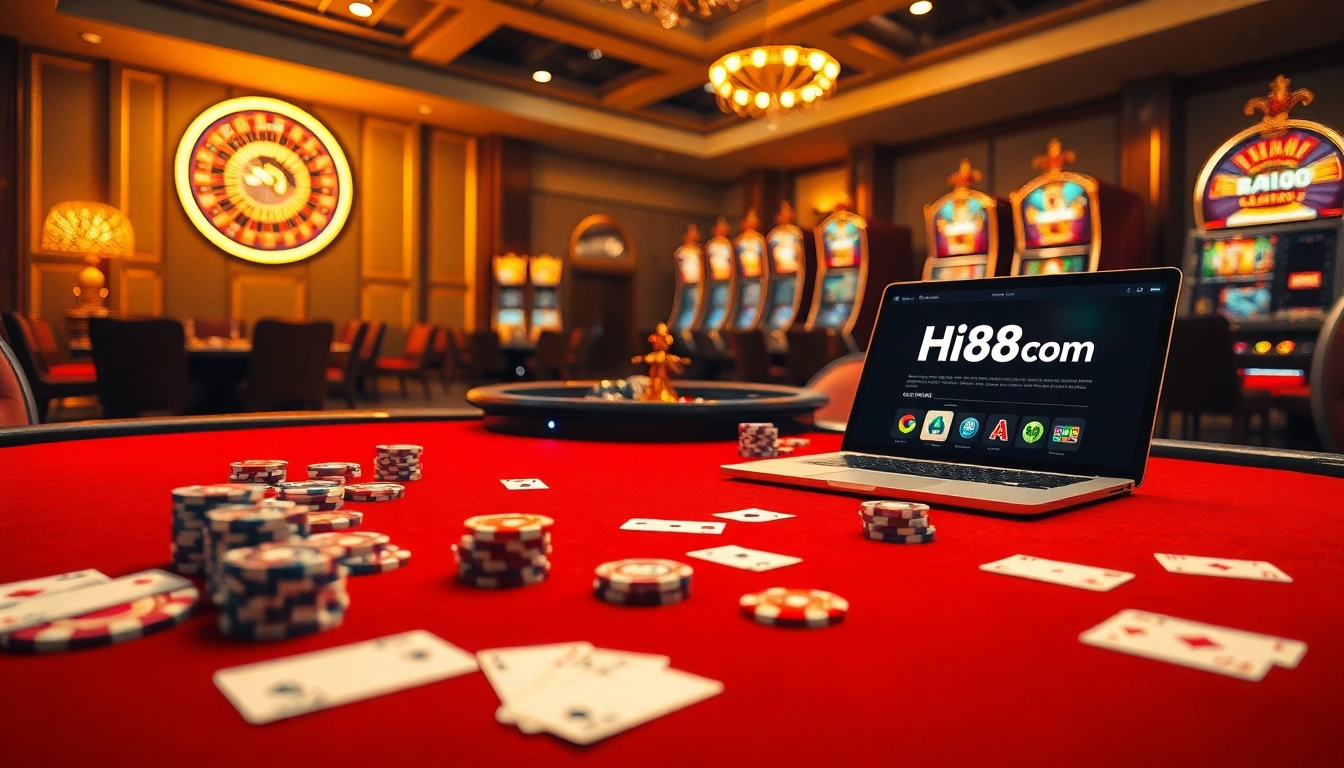Experience high-stakes excitement at Hi88com's online casino with poker chips and a roulette wheel.