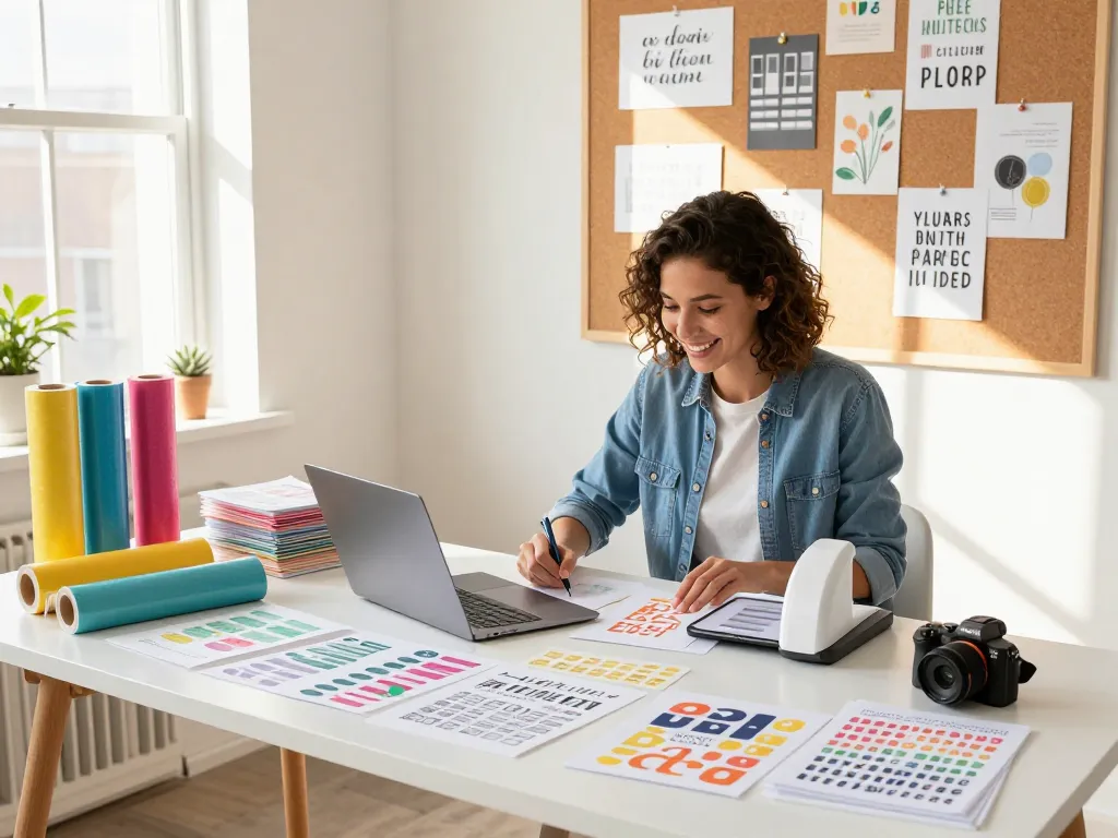 Crafting enthusiast designing Cricut cut files in a bright studio filled with vibrant materials and templates.