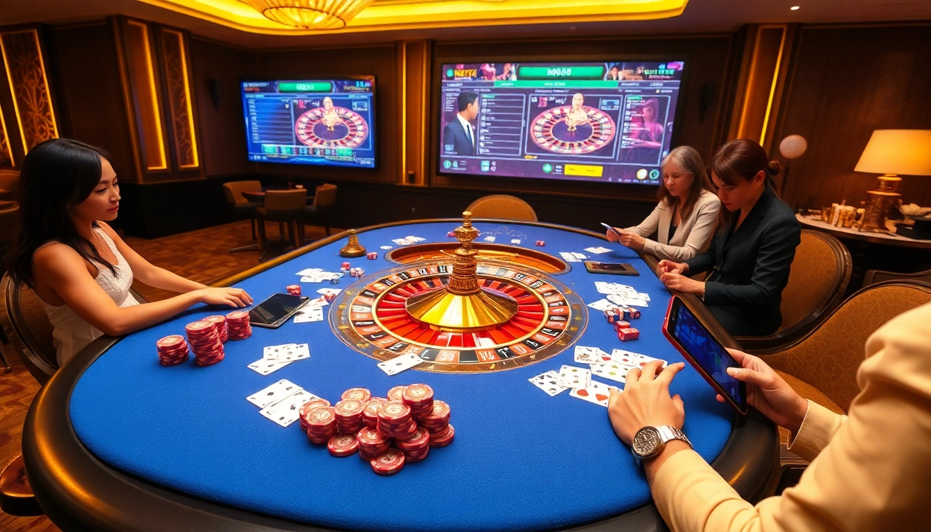 Players engaging in intense betting excitement at NOHU90, with poker chips and a roulette wheel highlighting the thrill of online gambling.