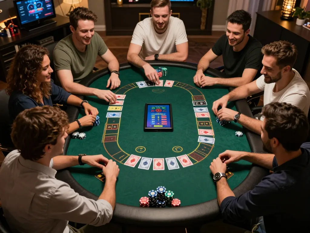 hitclub4 players enjoying a lively online poker game, showcasing cards and colorful chips.