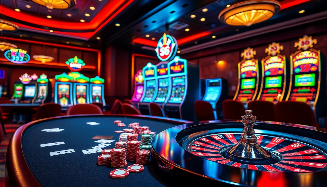 S8 casino scene showcasing thrilling poker, roulette, and slot machines in a luxurious atmosphere.