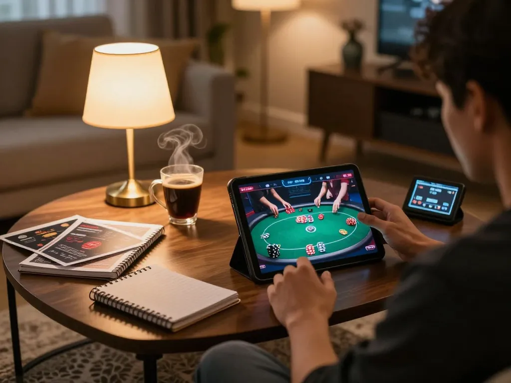 32win player engaging with online poker game in cozy home setup, showcasing strategic gameplay.