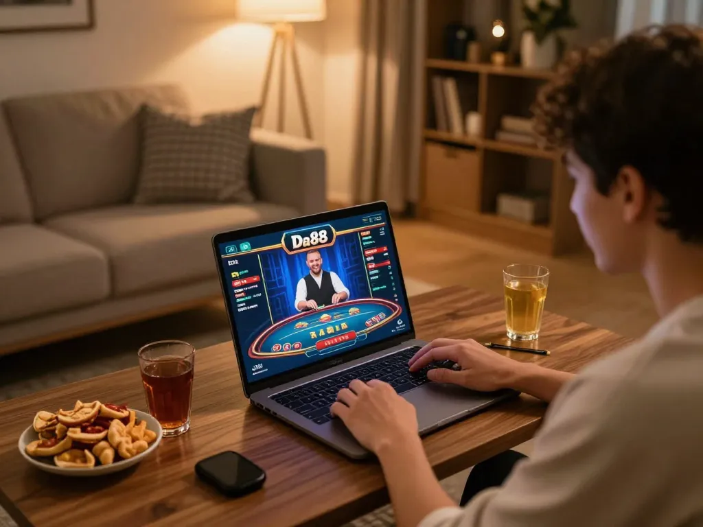Player enjoying Da88 online gameplay on a laptop with dealer interaction and cozy ambiance