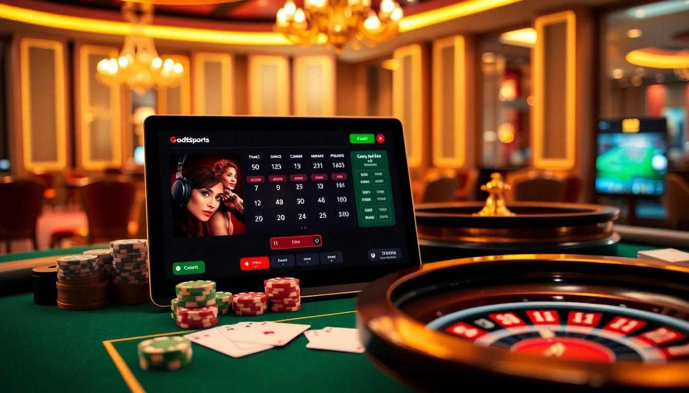 Experience thrilling gameplay with god55 sports in a vibrant casino setting featuring roulette and poker elements.