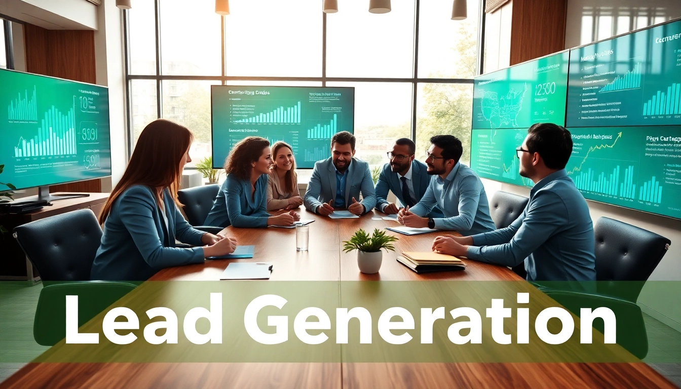 Team discussing lead generation strategies in a bright, modern office setting.