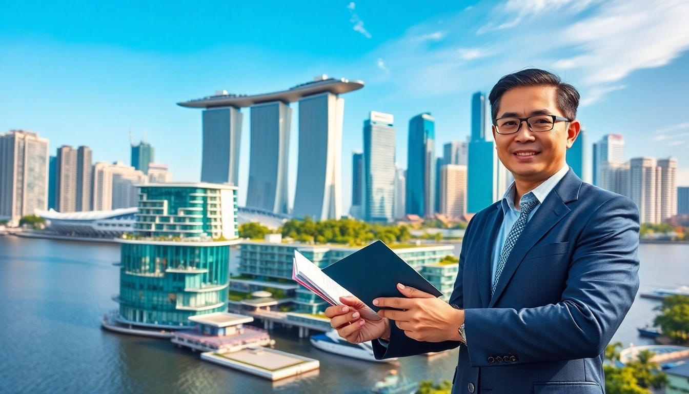 Showcase new launch condos at https://newdeveloperlaunch.sg with vibrant skyline backdrop and professional agent.