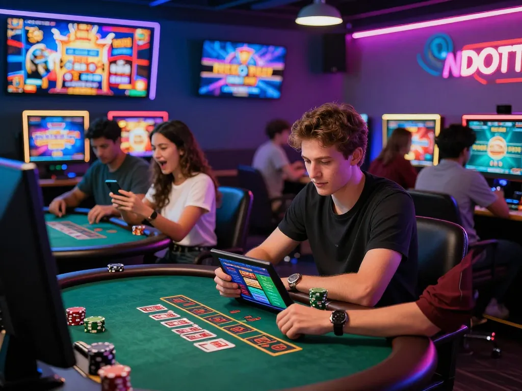 Interactive gaming lounge scene showcasing users betting on https://789p1.de.com with vibrant gaming elements and a lively atmosphere.