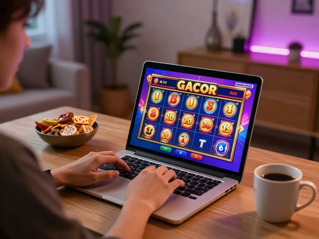 Engaging in slot gacor gameplay on a laptop at home, displaying colorful slot graphics and cozy atmosphere