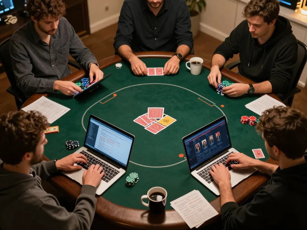 Players enjoying online gambling at https://n188.build/ with cards and chips in a cozy home setting.