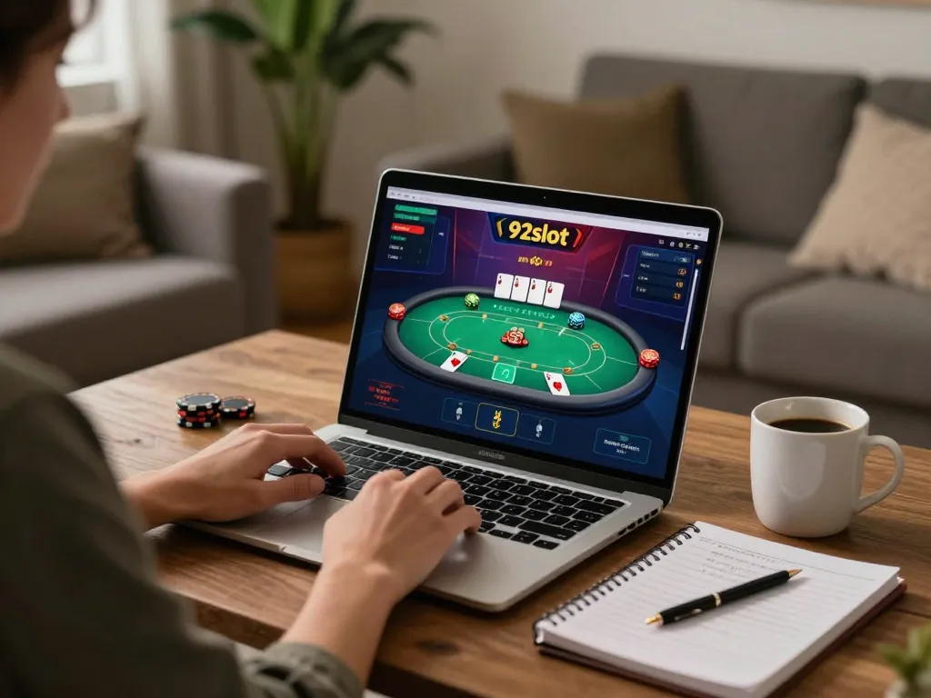Engaging with poker games on 92slot at home with strategic planning notes nearby