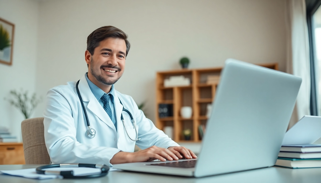 Engaging affordable online doctor consultation with a doctor smiling during a virtual visit.