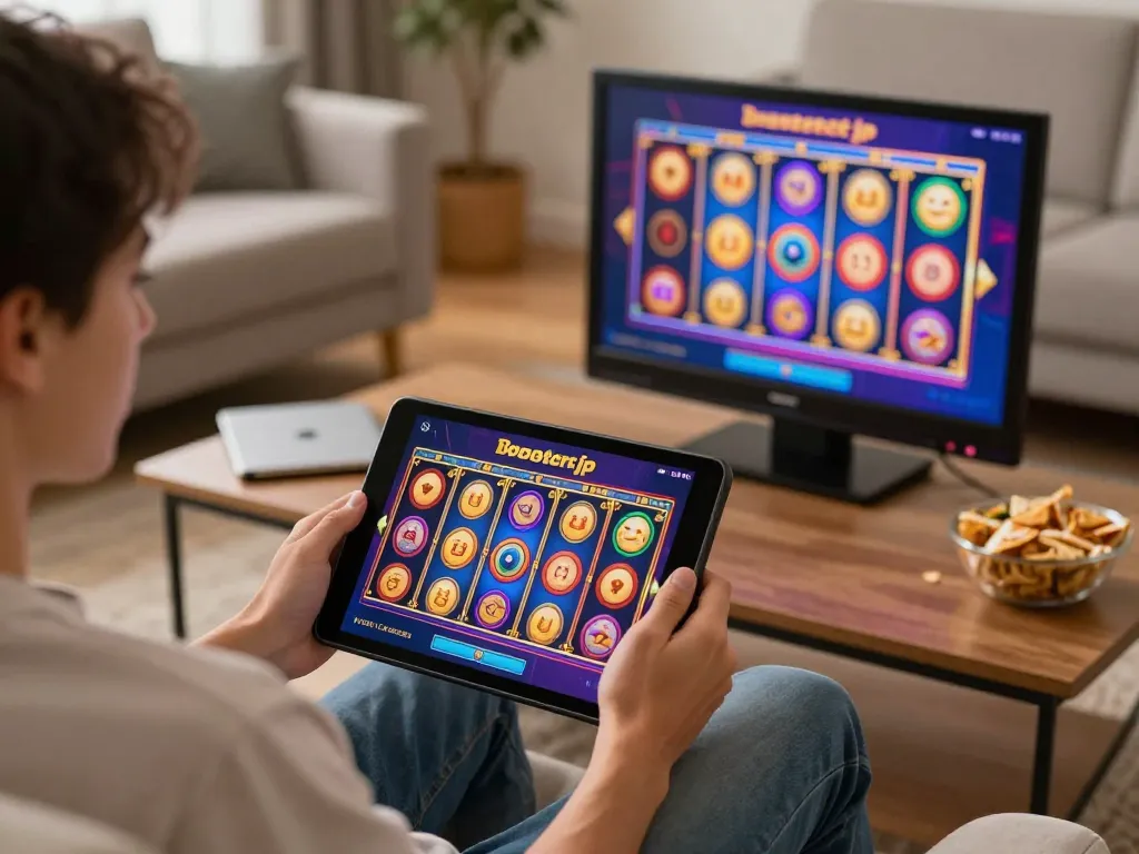 Playing online slots on boosterjp with colorful reels on tablet, showcasing home gaming experience.