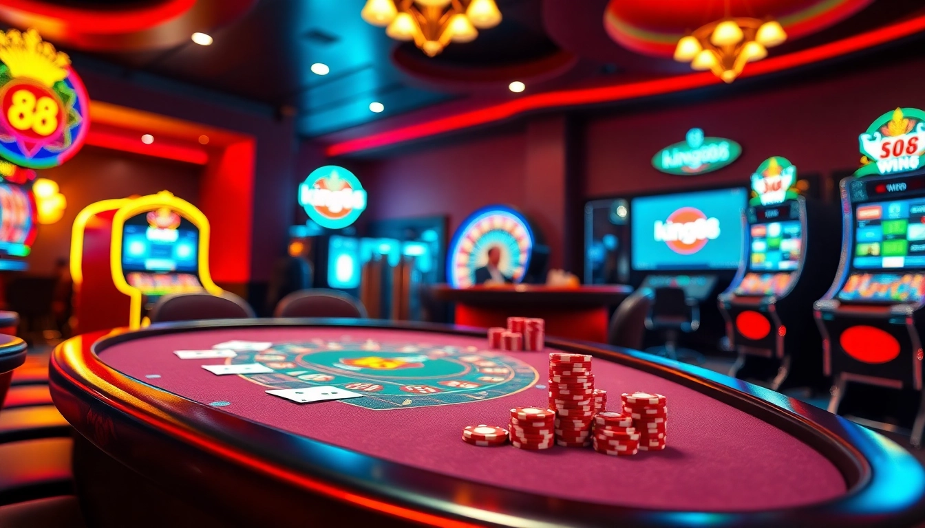 Experience the excitement of king88 with vibrant slot machines and a polished blackjack table.