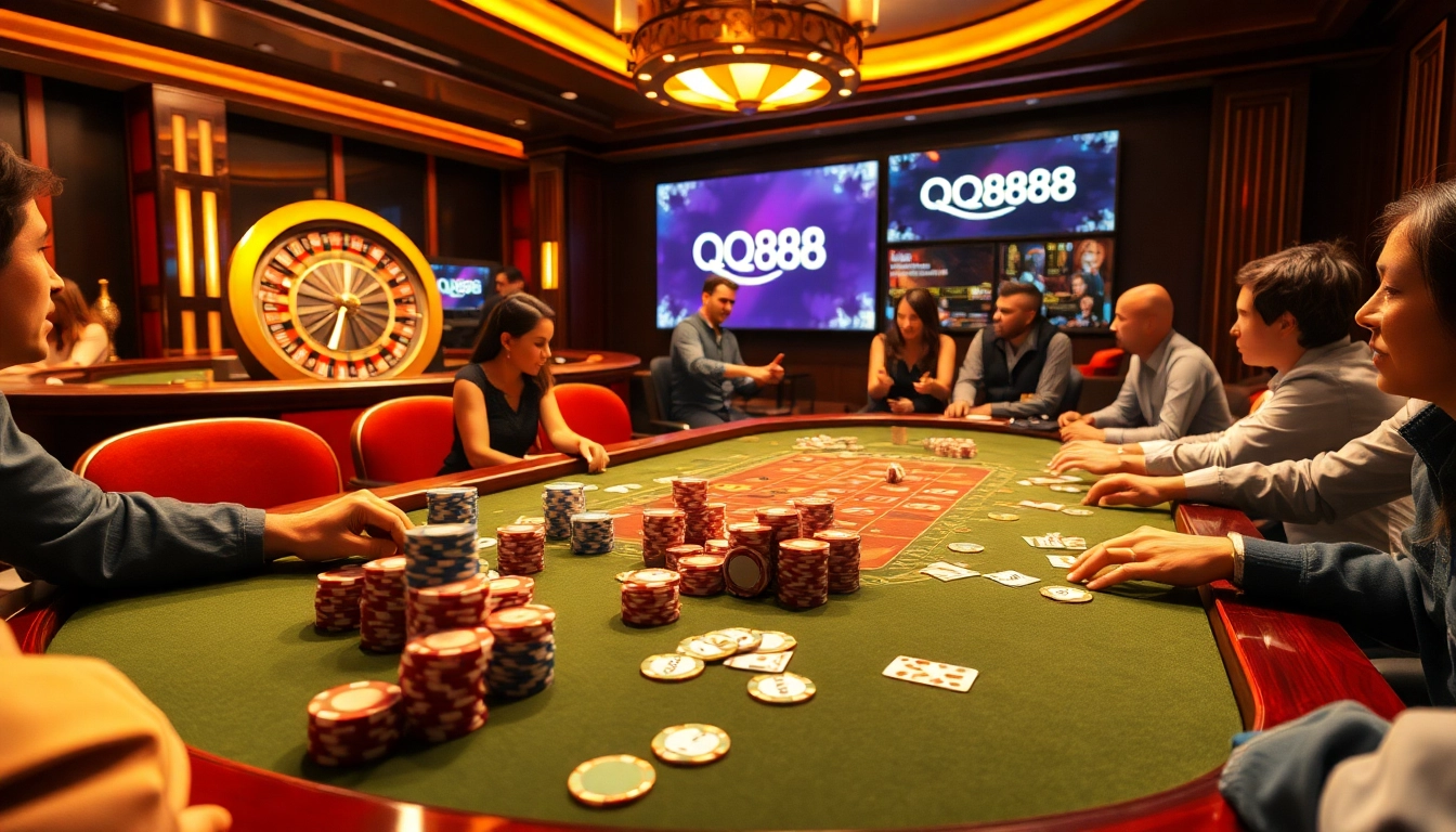 Engaging poker game at a QQ88 casino table with vibrant chips and cards