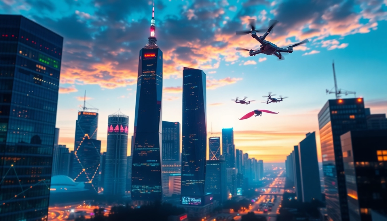 Technology skyscrapers illuminating the skyline at twilight, showcasing innovation and progress.