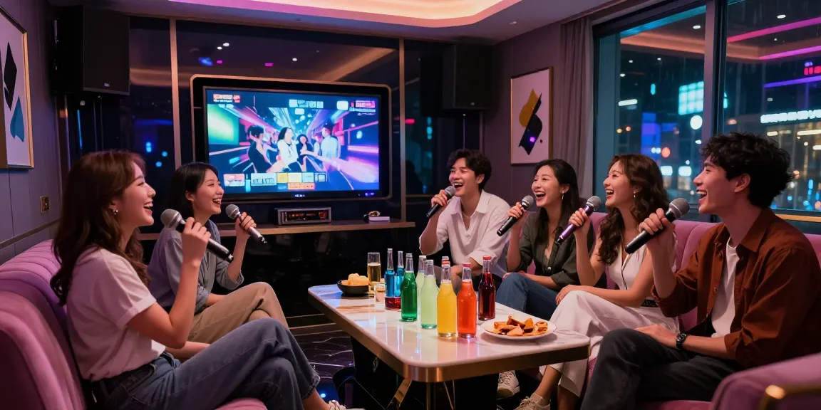강남가라오케에서 친구들과 프리미엄 노래를 즐기는 모습, gangnammicroom.com의 고급스러운 분위기 강조