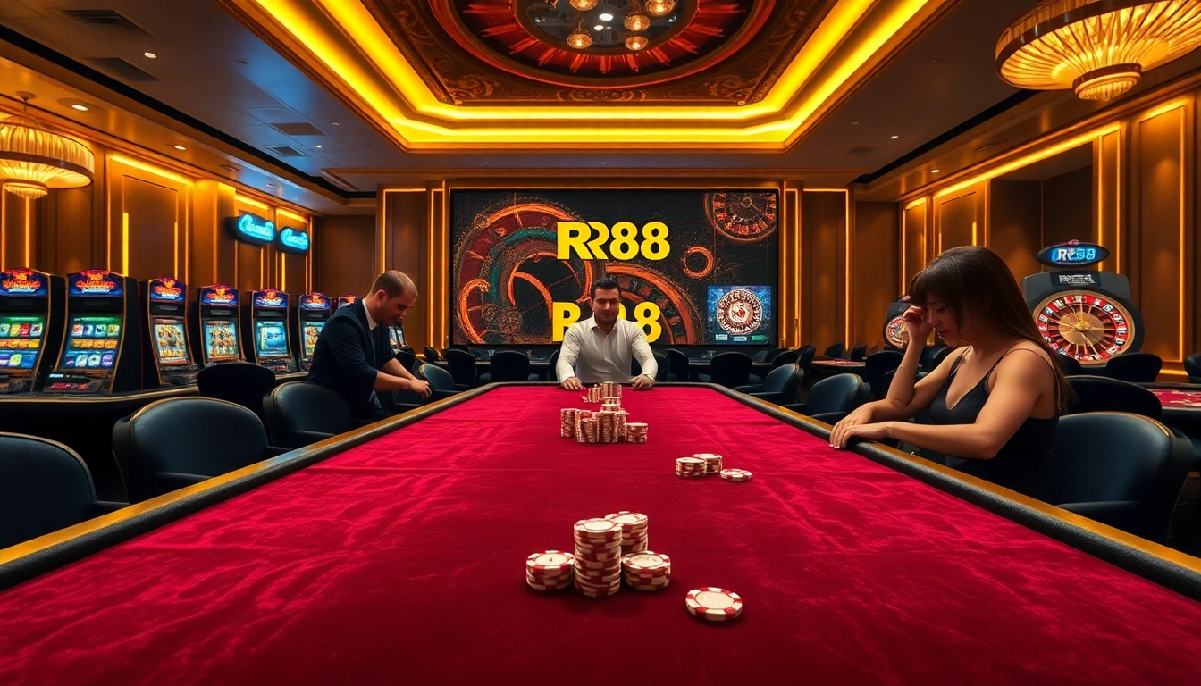 Experience the excitement of RR88 with players engaging at a live casino table filled with chips and vibrant ambiance.