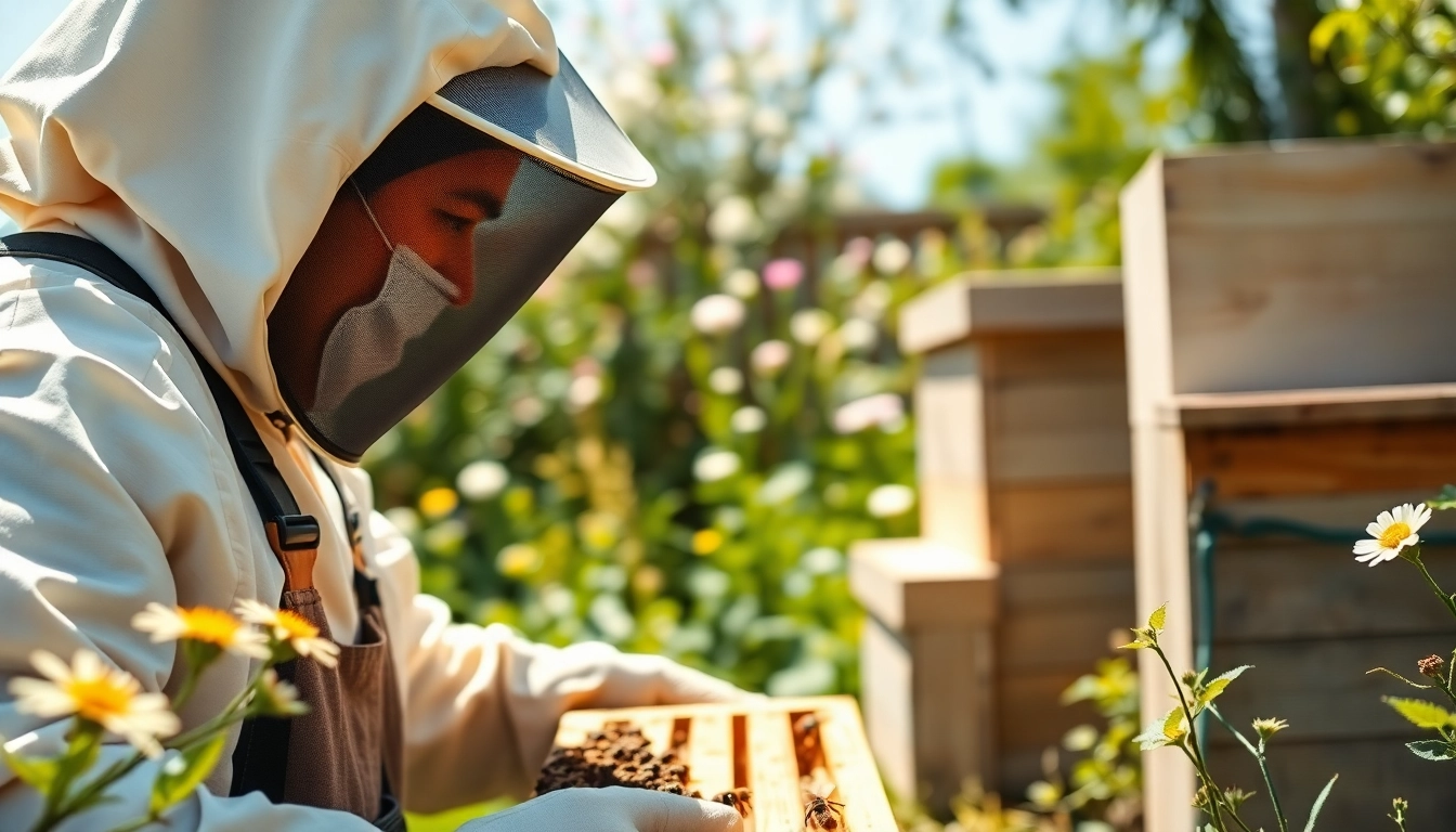 Engaging honey bee removal services where a technician safely and professionally removes a hive in a garden.