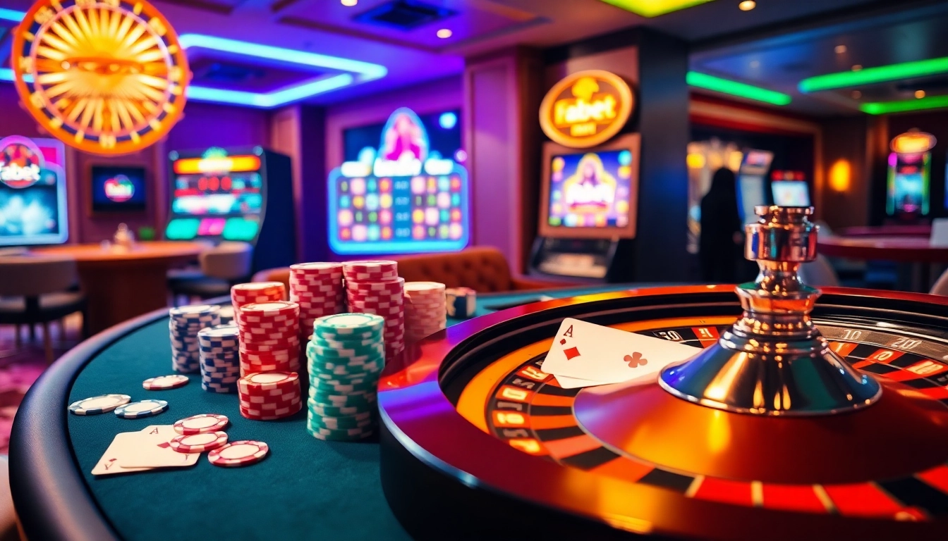 Experience the thrill of betting at fabet with vibrant casino visuals featuring roulette and poker.