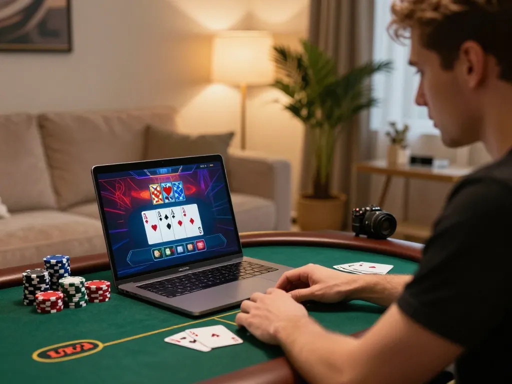 Player enjoying sc88 poker game on laptop in stylish home setting, engaged in strategic gameplay.