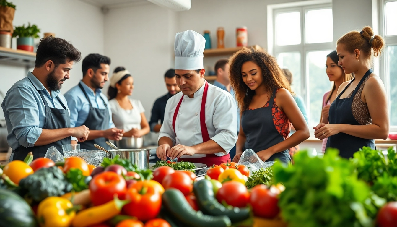 Engaged participants in a cooking class at dishfacts.com learning culinary skills with fresh ingredients.