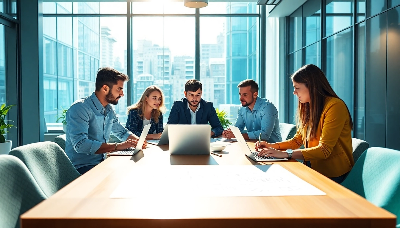 Web development company team collaborating in a bright modern office environment.