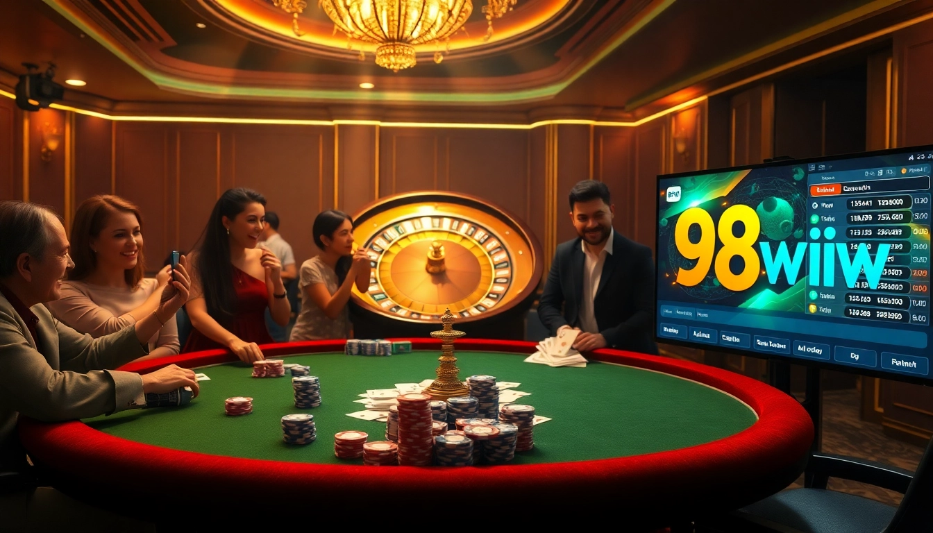 Experience the thrill of 98win with poker chips and a roulette wheel in a luxurious casino setting.