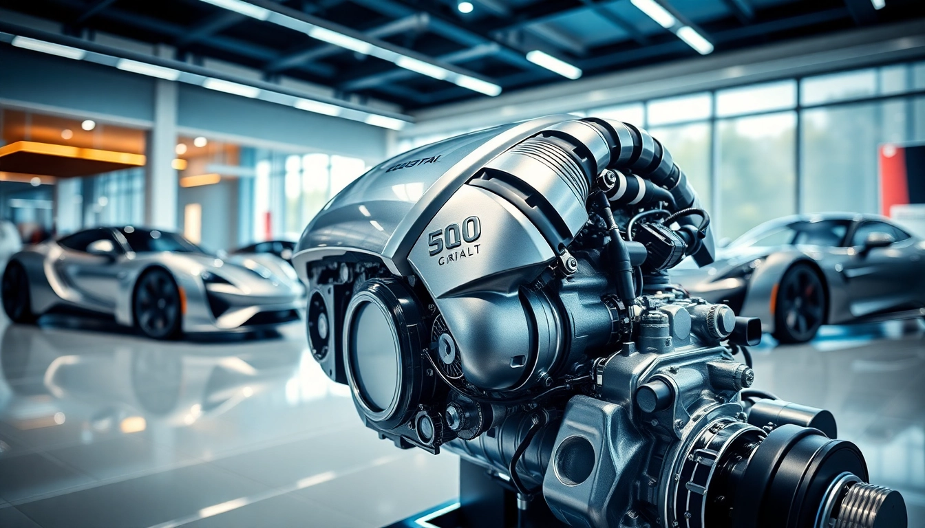 Showcasing Approved Engines with a cutting-edge design in a modern automotive showroom.