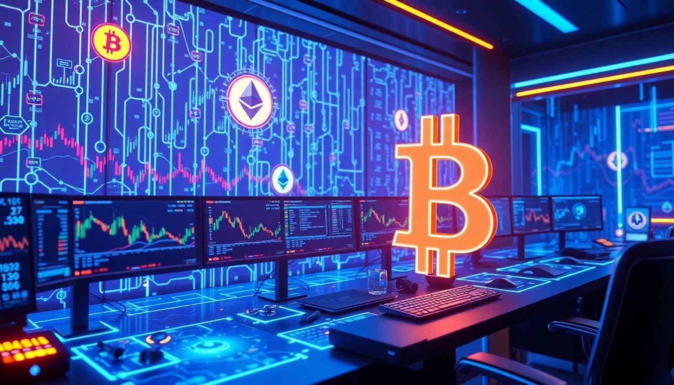 Bitcoin and cryptocurrency trading integrated within a secure blockchain network visualization, featuring digital wallets and analytical data.