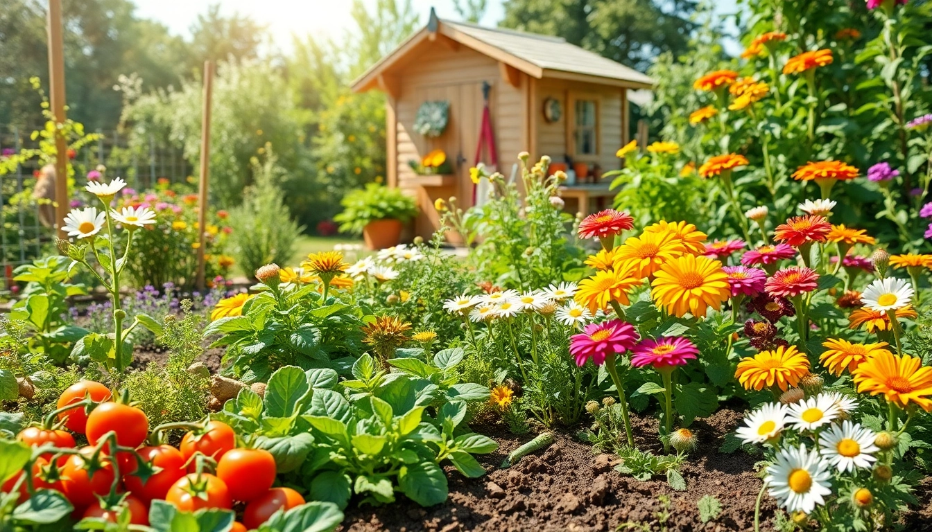 Gardening scene with blooming plants and vibrant vegetables under bright sunlight.