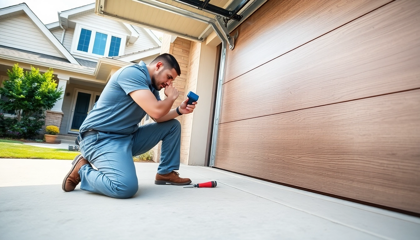 Garage Door Repair technician expertly fixing a mechanical garage door in a residential setting.