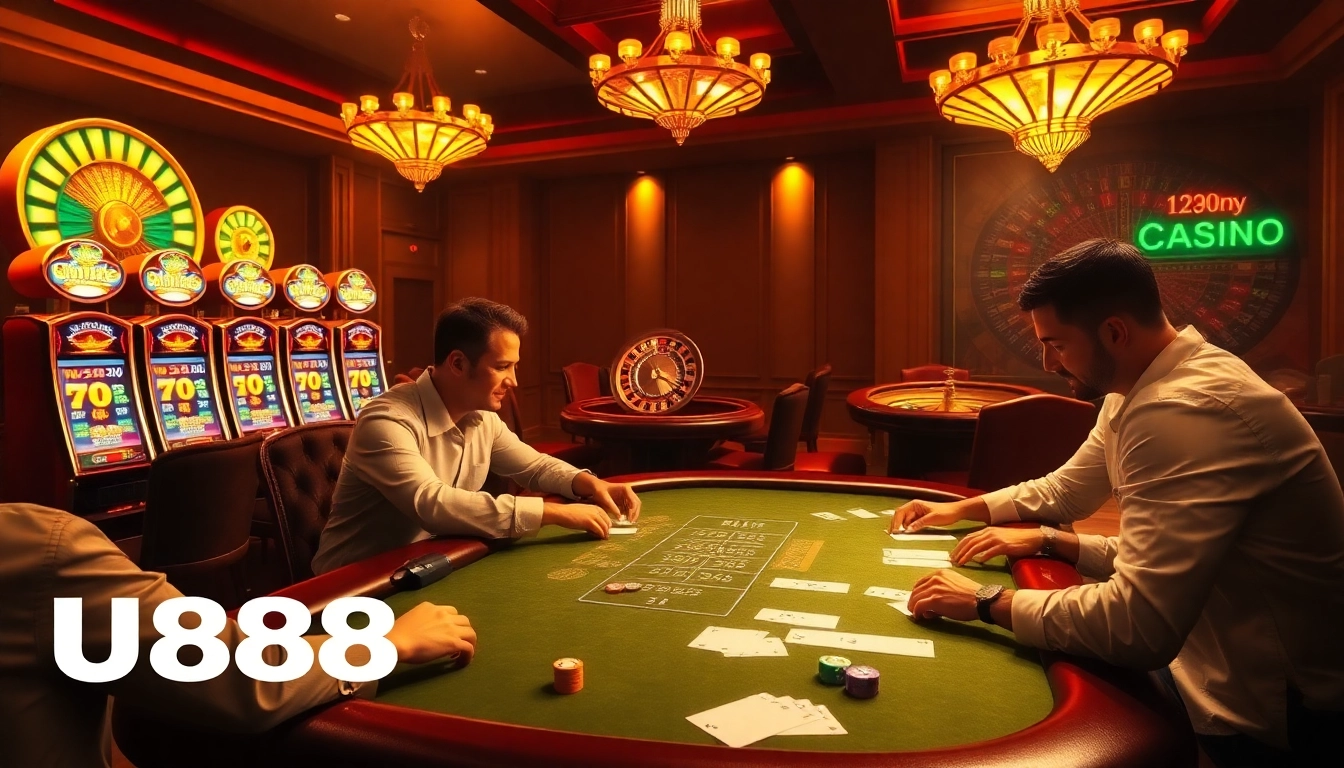 U888 players strategizing over a luxurious poker table in a vibrant casino environment.