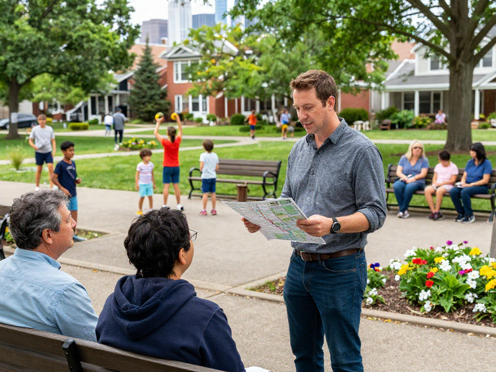 Stephen Gleave Ancaster engaging with home buyers in a lively park setting.