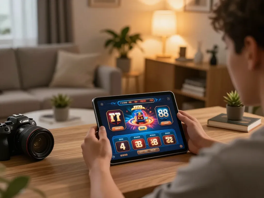 Player engaging with rr 88 online casino on tablet during cozy home gaming session.