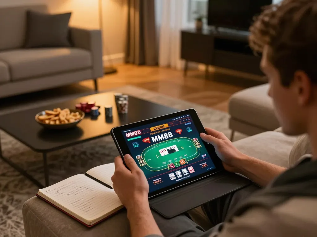 Engaging with MM88 casino app on tablet during a cozy home gaming session