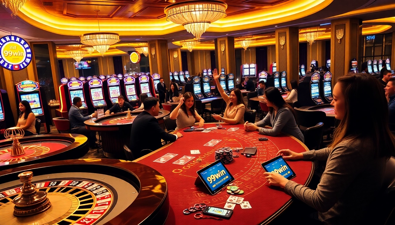 Gamblers enjoying thrilling games at 99win’s luxurious casino setup.