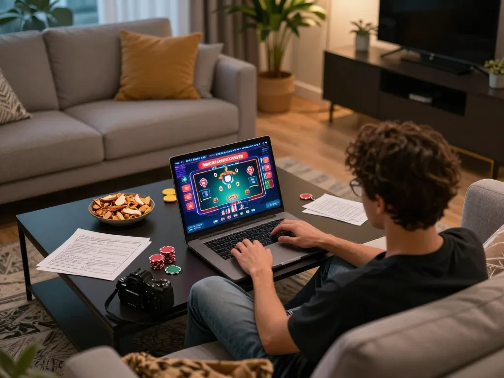 player engaging with max79 online casino interface during cozy evening at home