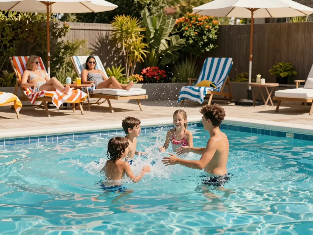 Dolphin Pool Services enhancing family enjoyment with a vibrant poolside scene, children splashing and parents relaxing.