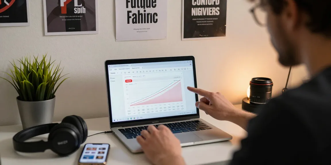 Content creator analyzing metrics for 1000 abonnenten youtube kaufen in a modern workspace with a laptop and motivational decor.