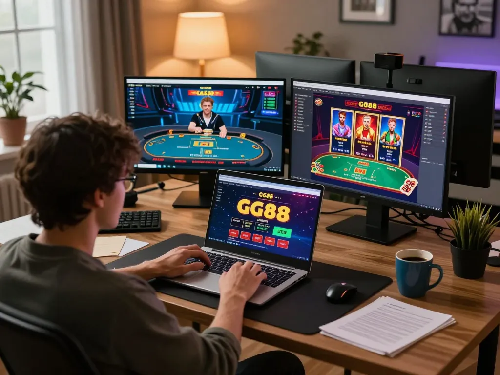Engaging with GG88's online casino platform at home, showcasing a strategic gaming session.